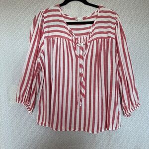CATO Red White Stripe Tie Neck 3/4 Sleeve Blouse Top Women Size L